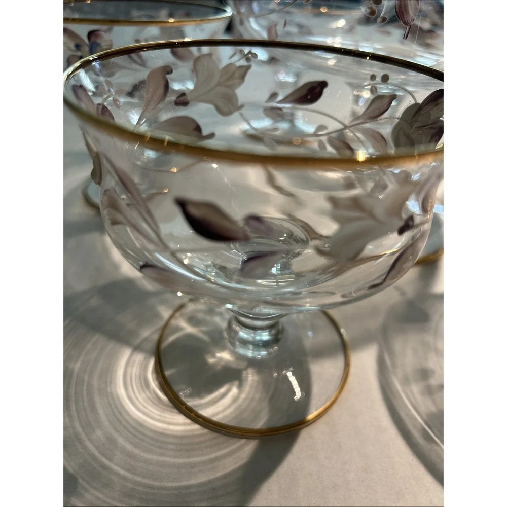 VTG MORO Signed Murano Hand Painted Gold Rim Trifle Compote and Dessert Cups COA